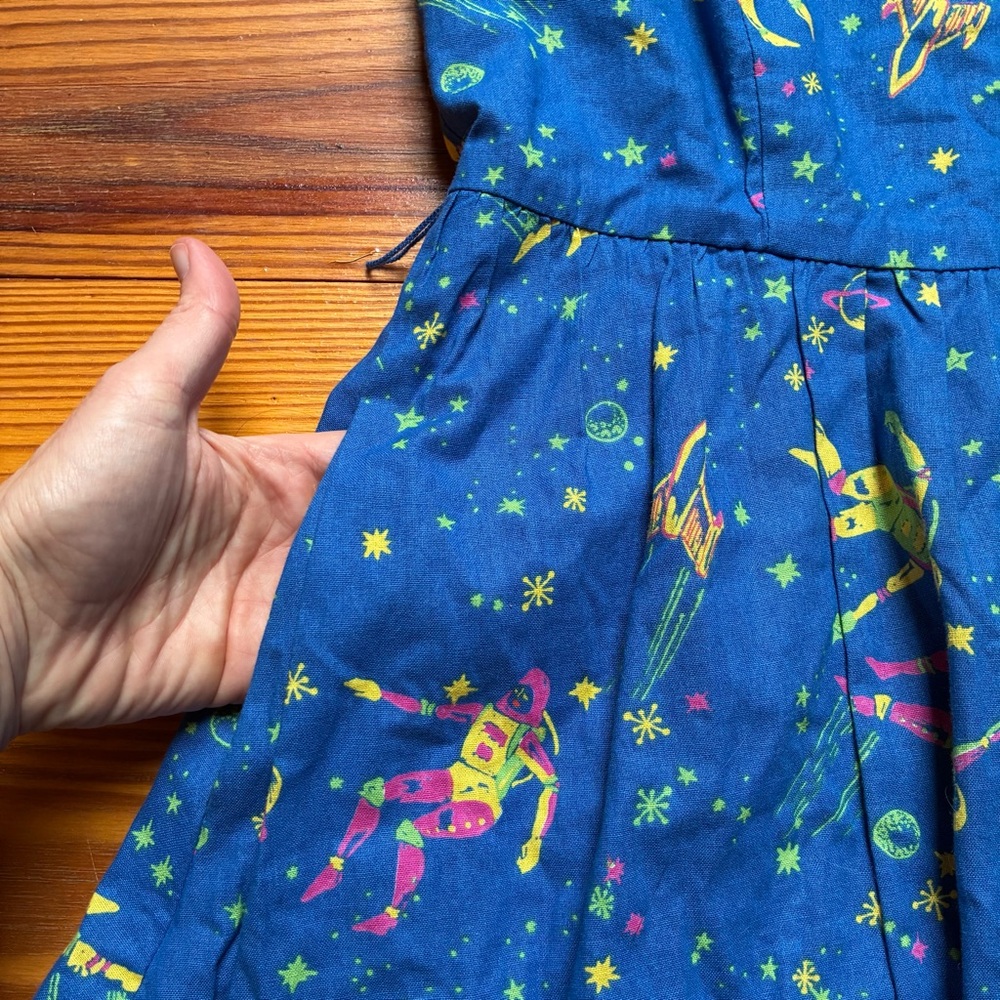 ModCloth Blue Fit and Flare Space Astronaut Dress, EUC, L - Picture 6 of 14